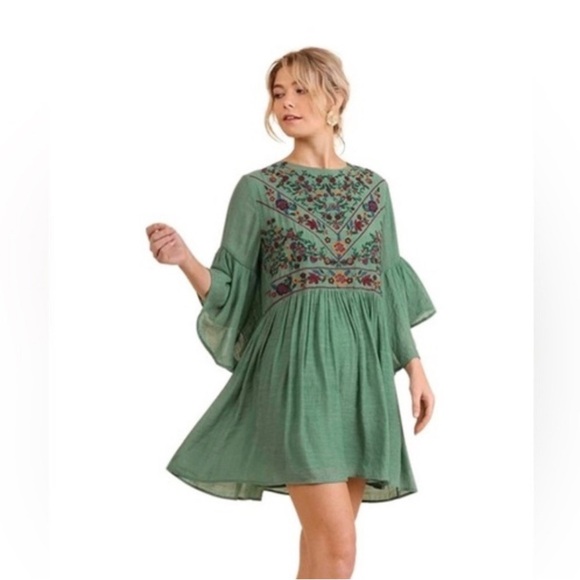 Umgee Dresses & Skirts - Embroidered Green Boho Mini Dress